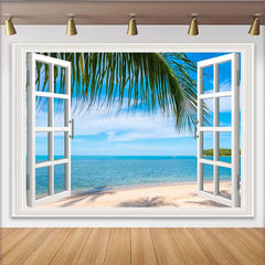 Lofaris White Window View Beach Photography Backdrop with Palm Tree and Blue Ocean, Tropical Summer Background for Studio Photoshoot