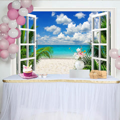 Lofaris Window View Tropical Beach Photography Backdrop with Palm Trees Blue Ocean, Vibrant Scenery Background for Summer Photoshoot
