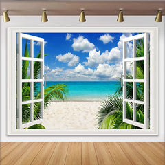 Lofaris Window View Tropical Beach Photography Backdrop with Palm Trees Blue Ocean, Vibrant Scenery Background for Summer Photoshoot