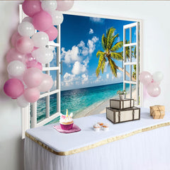 Lofaris Tropical Beach Window Photography Backdrop with Palm Trees and Blue Ocean, Scenic Studio Background for Summer Photoshoot