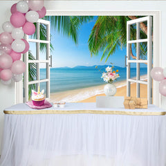 Lofaris Tropical Beach Window Photography Backdrop with Palm Trees, Scenic Ocean View Background for Summer Vacation Photoshoot