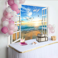 Lofaris Open Window Beach Sunset Photography Backdrop, Scenic Ocean View Background for Studio Photoshoot and Home Decor