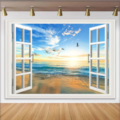 Lofaris Open Window Beach Sunset Photography Backdrop, Scenic Ocean View Background for Studio Photoshoot and Home Decor