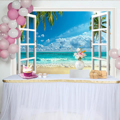 Lofaris White Window View Photography Backdrop with Tropical Beach and Blue Ocean, Summer Vacation Photo Studio Background for Party Decor