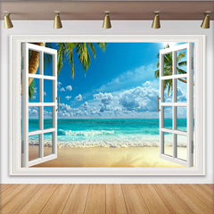 Lofaris White Window View Photography Backdrop with Tropical Beach and Blue Ocean, Summer Vacation Photo Studio Background for Party Decor