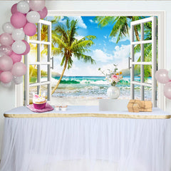 Lofaris Open Window Tropical Beach Photography Backdrop with Palm Trees, Sunny Ocean View Background for Studio Photoshoot and Home Decor