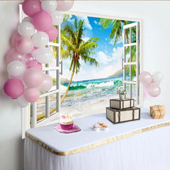 Lofaris Open Window Tropical Beach Photography Backdrop with Palm Trees, Sunny Ocean View Background for Studio Photoshoot and Home Decor