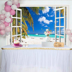 Lofaris Tropical Beach View Open Window Backdrop, Vibrant Ocean Palm Tree Photography Background for Studio Photoshoot