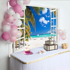 Lofaris Tropical Beach View Open Window Backdrop, Vibrant Ocean Palm Tree Photography Background for Studio Photoshoot