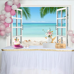 Lofaris White Window Beach Photography Backdrop with Starfish and Palm Trees, Ocean Seascape Background for Summer Vacation Photoshoot
