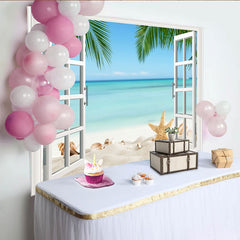 Lofaris White Window Beach Photography Backdrop with Starfish and Palm Trees, Ocean Seascape Background for Summer Vacation Photoshoot