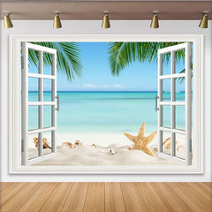 Lofaris White Window Beach Photography Backdrop with Starfish and Palm Trees, Ocean Seascape Background for Summer Vacation Photoshoot