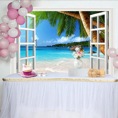 Lofaris Open Window Tropical Beach Photography Backdrop, Blue Ocean and Palm Trees Summer Vacation Background for Studio Photoshoot