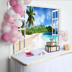 Lofaris Open Window Tropical Beach Photography Backdrop, Blue Ocean and Palm Trees for Scenic Studio Background