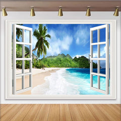 Lofaris Open Window Tropical Beach Photography Backdrop, Blue Ocean and Palm Trees for Scenic Studio Background
