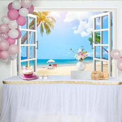 Lofaris Sunny Tropical Window View Beach Photography Backdrop, Scenic Blue Ocean and Palm Trees Background for Photoshoot