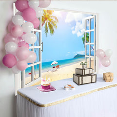 Lofaris Sunny Tropical Window View Beach Photography Backdrop, Scenic Blue Ocean and Palm Trees Background for Photoshoot