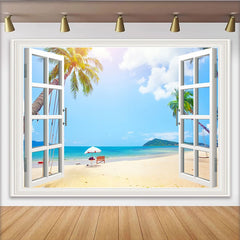 Lofaris Sunny Tropical Window View Beach Photography Backdrop, Scenic Blue Ocean and Palm Trees Background for Photoshoot