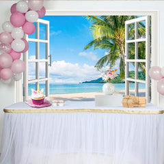 Lofaris White Open Window View Tropical Beach Photography Backdrop, Scenic Ocean Background for Summer Vacation Photoshoot