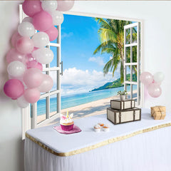 Lofaris White Open Window View Tropical Beach Photography Backdrop, Scenic Ocean Background for Summer Vacation Photoshoot