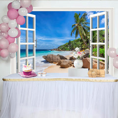 Lofaris White Window Frame Tropical Beach Photography Backdrop, Scenic Palm Trees and Blue Ocean Summer Vacation Background