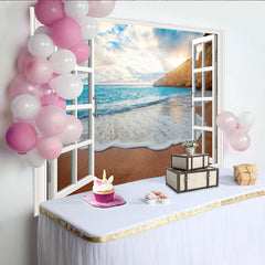 Lofaris Beach Window View Photography Backdrop with Ocean Waves and Cliff, Scenic Coastal Background for Studio Photoshoot and Home Decor