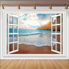Lofaris Beach Window View Photography Backdrop with Ocean Waves and Cliff, Scenic Coastal Background for Studio Photoshoot and Home Decor