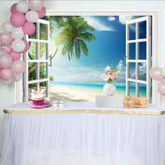 Lofaris Tropical Beach Window View Photography Backdrop with Palm Tree Ocean Scenery, Vibrant Summer Vacation Background for Studio Photoshoot