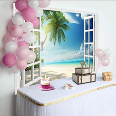 Lofaris Tropical Beach Window View Photography Backdrop with Palm Tree Ocean Scenery, Vibrant Summer Vacation Background for Studio Photoshoot