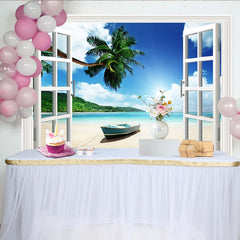Lofaris Open Window Tropical Beach Photography Backdrop with Palm Trees, Sunny Seascape Background for Studio Photoshoot and Decor