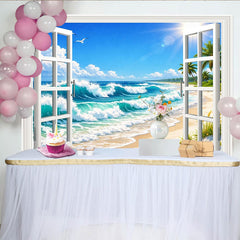 Escape Tropical Beach Open Window Photography Backdrop, Palm Trees Sunny Seascape View for Photoshoot