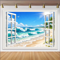 Escape Tropical Beach Open Window Photography Backdrop, Palm Trees Sunny Seascape View for Photoshoot