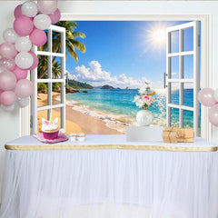 Lofaris Sunny Tropical Beach Window View Photography Backdrop with Palm Trees and Blue Ocean, Scenic Studio Background for Summer Photoshoot