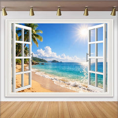 Lofaris Sunny Tropical Beach Window View Photography Backdrop with Palm Trees and Blue Ocean, Scenic Studio Background for Summer Photoshoot