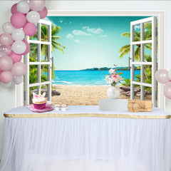 Lofaris Open Window Tropical Beach Photography Backdrop with Palm Trees and Blue Ocean, Scenic Summer Background for Studio Photo