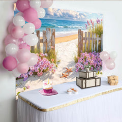 Lofaris Sunny Beach Photography Backdrop with Ocean Waves and Fence, Sandy Path Photo Background for Studio or Party Decor
