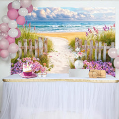 Lofaris Beach Path Photography Backdrop with Ocean, Blue Sky and Wood Fence, Floral Seaside Background for Summer Photos and Studio Decor
