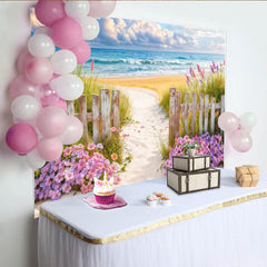 Lofaris Beach Path Photography Backdrop with Ocean, Blue Sky and Wood Fence, Floral Seaside Background for Summer Photos and Studio Decor
