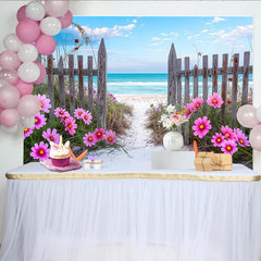 Lofaris Vibrant Pink Cosmos Beach Photography Backdrop with Wooden Fence, Blue Ocean Seascape Background for Summer Photoshoot