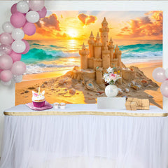 Lofaris Vibrant Sunset Sandcastle Beach Photography Backdrop, Ocean Waves Summer Vacation Background for Studio Photoshoot