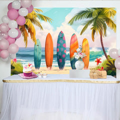 Lofaris Colorful Surfboard Summer Beach Photography Backdrop with Palm Trees and Ocean Waves, Tropical Vacation Photo Background for Studio