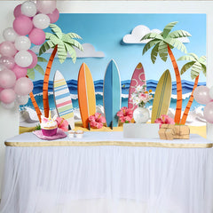 Lofaris Paper Cut Surf Beach Photography Backdrop with Palm Trees and Ocean Waves, Summer Tropical Photo Background for Party Decor