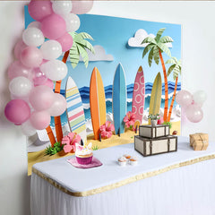 Lofaris Paper Cut Surf Beach Photography Backdrop with Palm Trees and Ocean Waves, Summer Tropical Photo Background for Party Decor