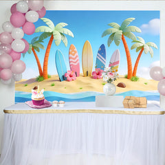 Lofaris Cartoon Tropical Beach Photography Backdrop with Palm Trees and Surfboards, Summer Ocean Wave Background for Photoshoot