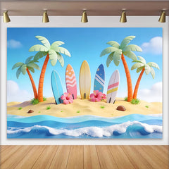 Lofaris Cartoon Tropical Beach Photography Backdrop with Palm Trees and Surfboards, Summer Ocean Wave Background for Photoshoot