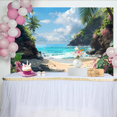 Lofaris Vibrant Tropical Beach Photography Backdrop with Blue Ocean and Palm Trees, Scenic Summer Background for Vacation Photoshoot
