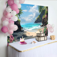 Lofaris Vibrant Tropical Beach Photography Backdrop with Blue Ocean and Palm Trees, Scenic Summer Background for Vacation Photoshoot