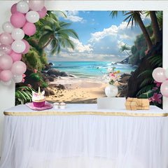 Lofaris Sunny Tropical Beach Photography Backdrop with Palm Trees, Scenic Ocean View Background for Summer Vacation Photoshoot