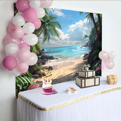Lofaris Sunny Tropical Beach Photography Backdrop with Palm Trees, Scenic Ocean View Background for Summer Vacation Photoshoot