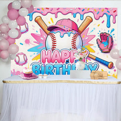 Lofaris Sweet Cartoon Baseball Birthday Backdrop with Pink Blue Drips and Sprinkles, Vibrant Sports Background for Kids Party Decor